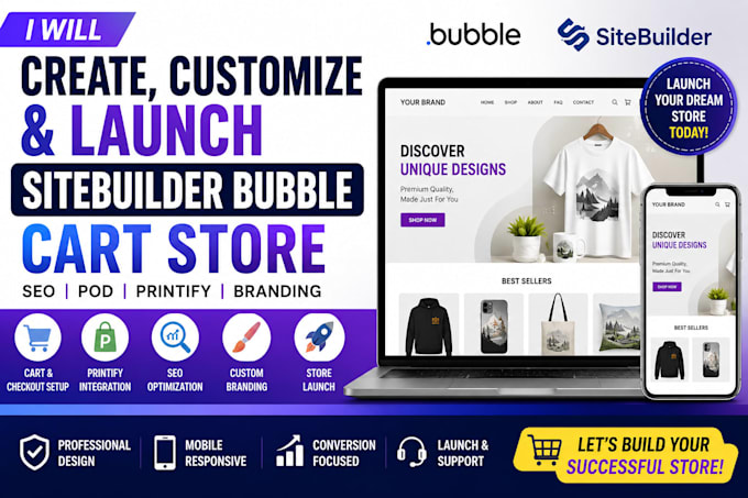 customize and launch your sitebuilder bubble cart store with SEO pod printify