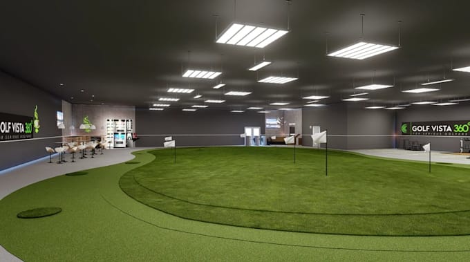 design indoor putting course,golf simulation,sports facility interior,3d layout