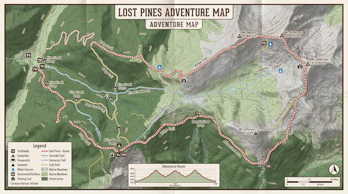 custom hiking map, topographic map, trail map, route map and adventure map
