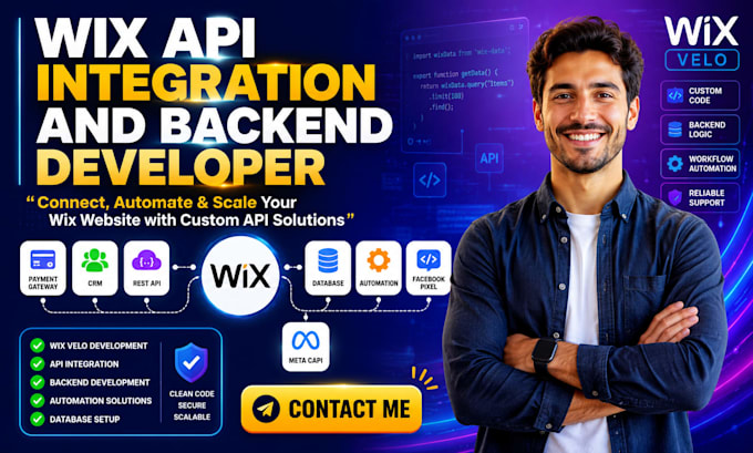 do wix velo custom code, API integration, backend development and automation