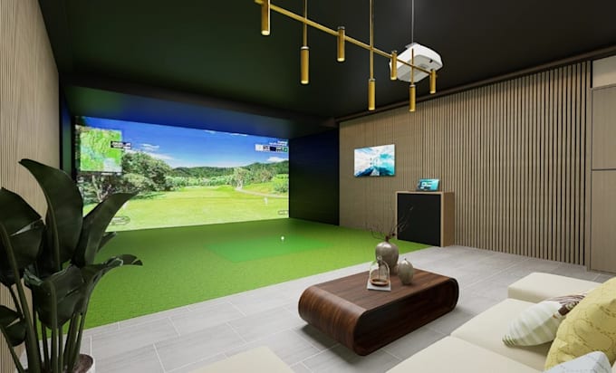 design golf simulator setup,3d golf lounge,man cave interior,indoor putting golf