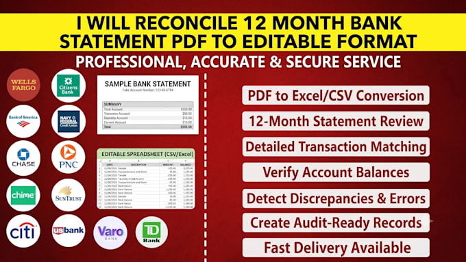 reconcile 12 month bank statement PDF to editable format