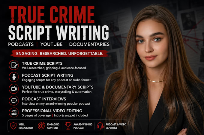 write true crime script youtube automation podcast script research video editing