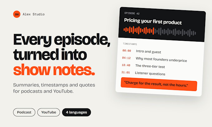 write podcast show notes and youtube summaries with timestamps