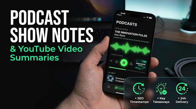 write professional podcast show notes and youtube summaries
