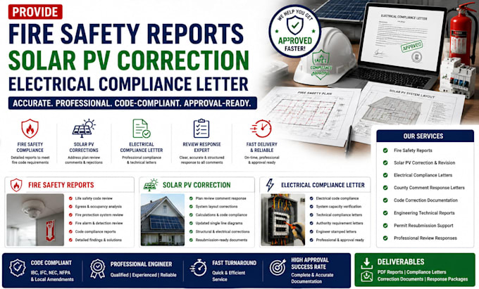 provide fire safety reports solar pv correction electrical compliance letter
