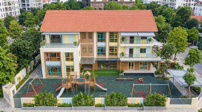 remodel 3d kindergarten exterior,preschool concept design,school facility render