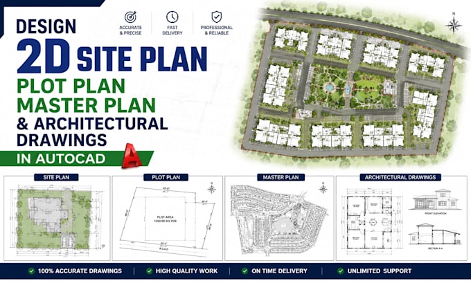 design 2d site plan, plot plan master plan and architectural drawings in autocad