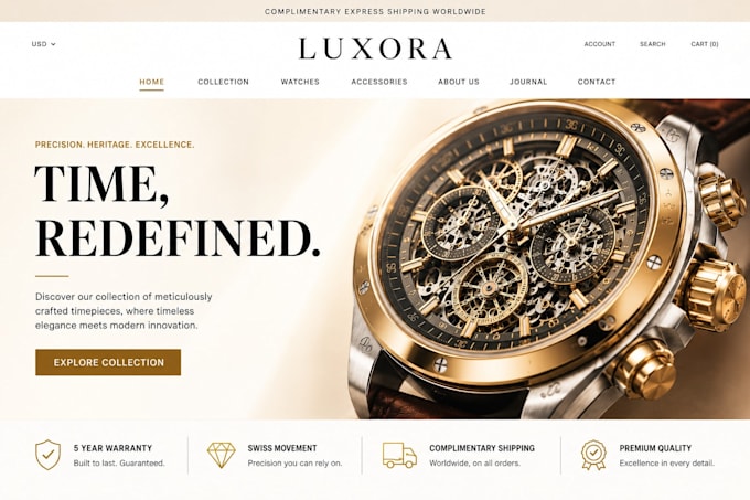 design a premium shopify wristwatch store with custom spec tables