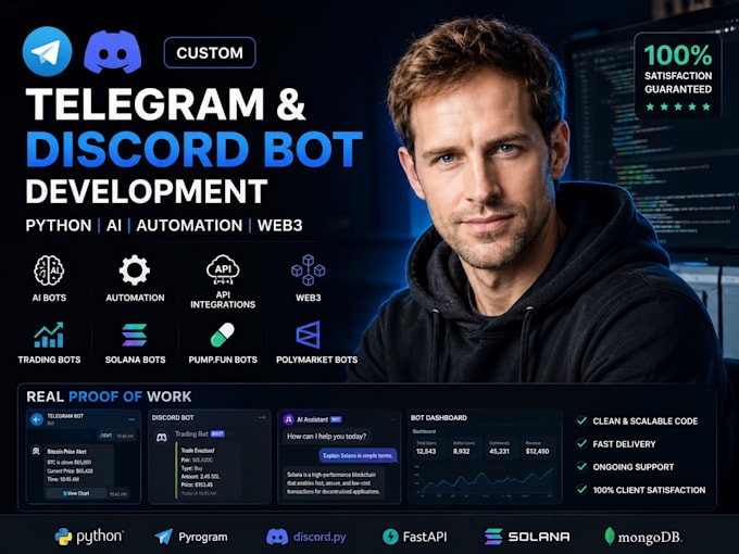 develop custom telegram and discord bots with python, ai and API automation