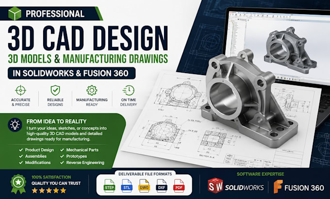 design 3d cad products, 3d models, and manufacturing drawings in solidworks