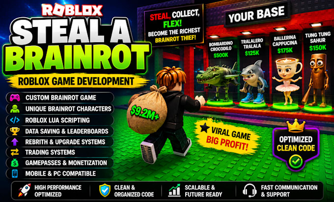 create a viral roblox brainrot game like steal a brainrot with custom features
