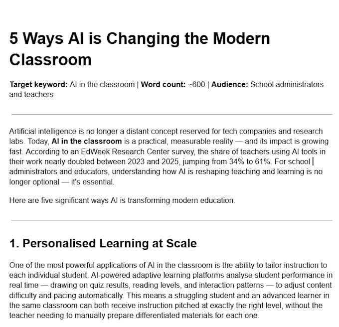 write SEO blog posts and articles about edtech and ai in education