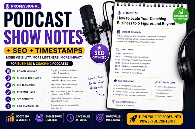 write SEO podcast show notes with timestamps