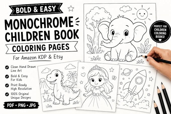 create bold and easy easy monochrome coloring pages for amazon KDP children book
