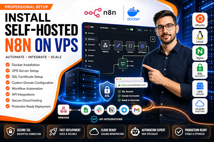 install self hosted n8n vps server docker SSL domain setup workflow automation