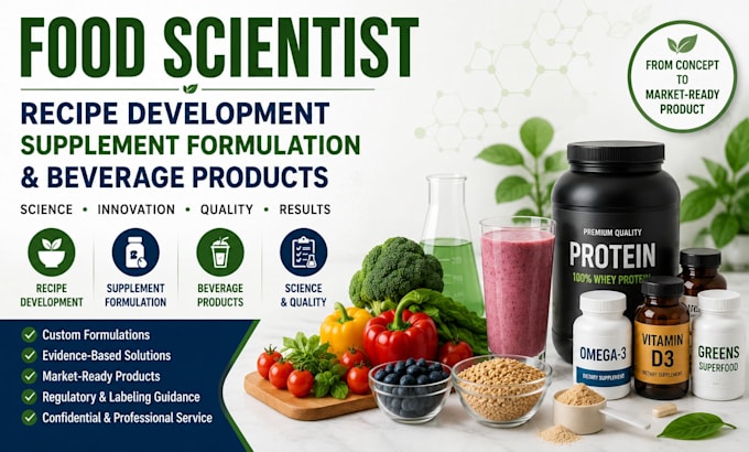 food scientist, recipe development, supplement formulation and beverage products