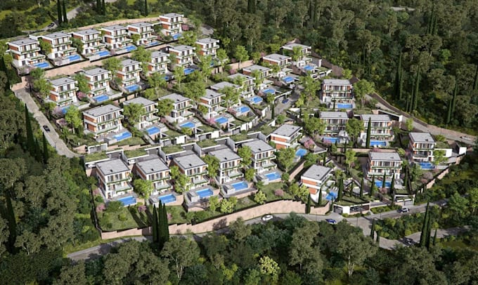 render community siteplan, design slope building, housing exterior visualization