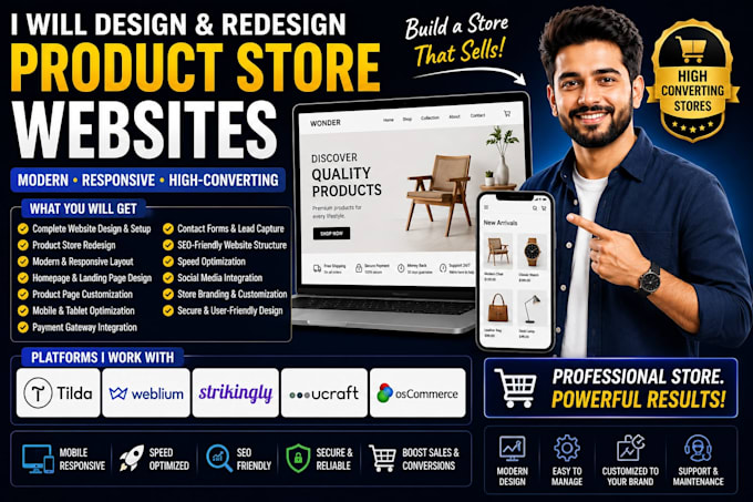 create tilda weblium strikingly ucraft oscommerce product store website redesign