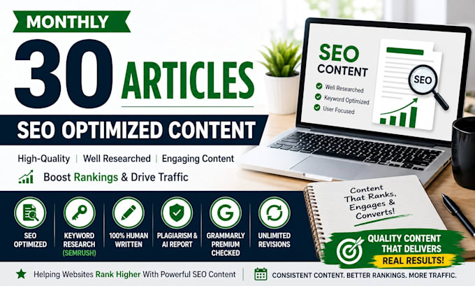 write 30 SEO articles and blog posts monthly with images