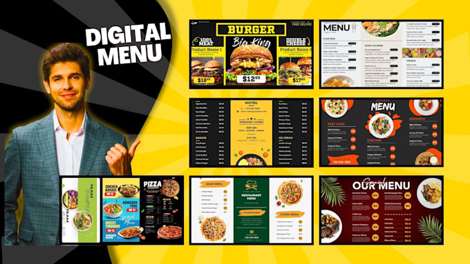 design animated or static digital menu, TV menu or menu board for restaurants
