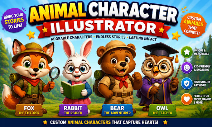 illustrate animal book characters and childrens mascots