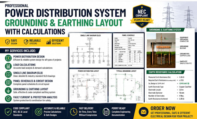 design power distribution system, grounding and earthing layout with calculation