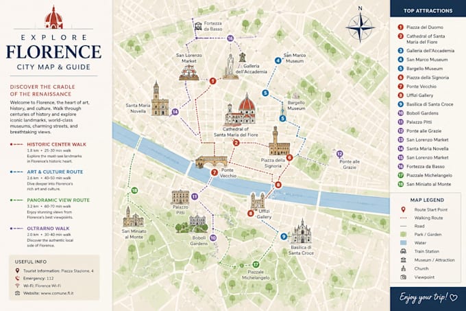 create tourist city map, visitor guide map, attraction route map, custom vector