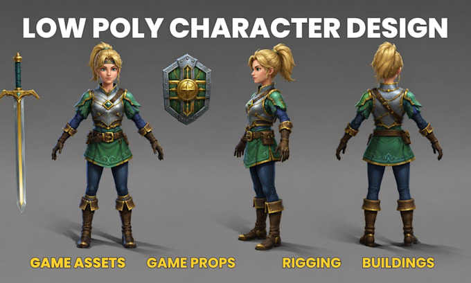 do game ready 3d low poly characters, assets, rigging, animations and animation