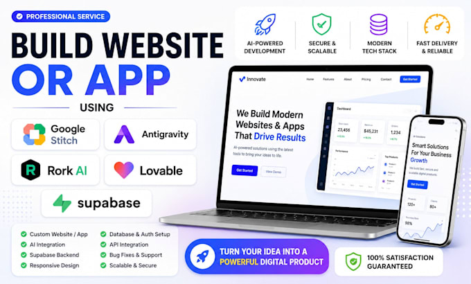 build website or app using google stitch antigravity rork ai lovable supabase