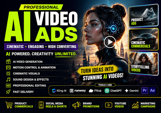 create cinematic ai video ads using kling, runway, pika and chatgpt