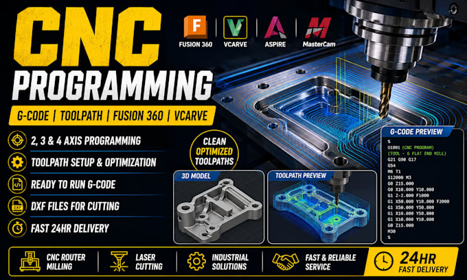 do cnc programming, toolpath and g code for router milling and laser in 24hr