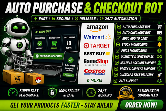 build an auto checkout bot, shopping bot and purchase automation bot