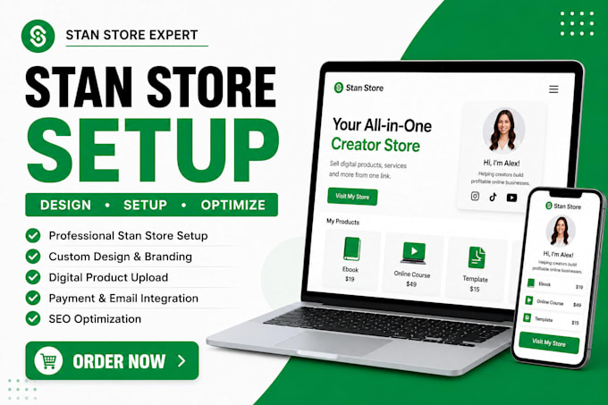 do stan store setup, design, SEO, and digital product integration