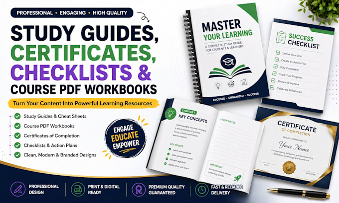 create professional study guides, certificates, checklists course PDF workbooks