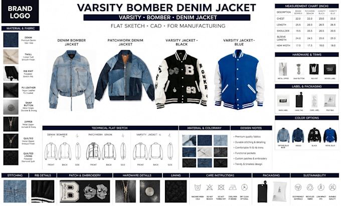 design varsity bomber denim jacket tech pack clo3d flat sketch for manufacturing