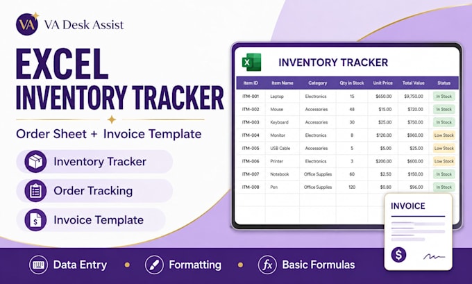 create excel inventory tracker order sheet and invoice template
