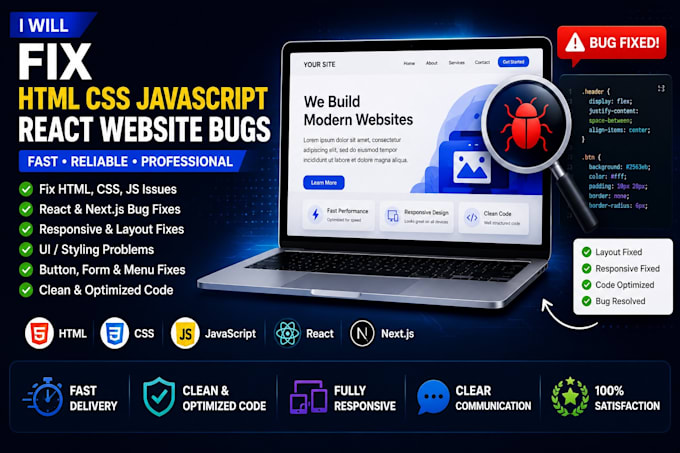 fix HTML CSS javascript react website bugs