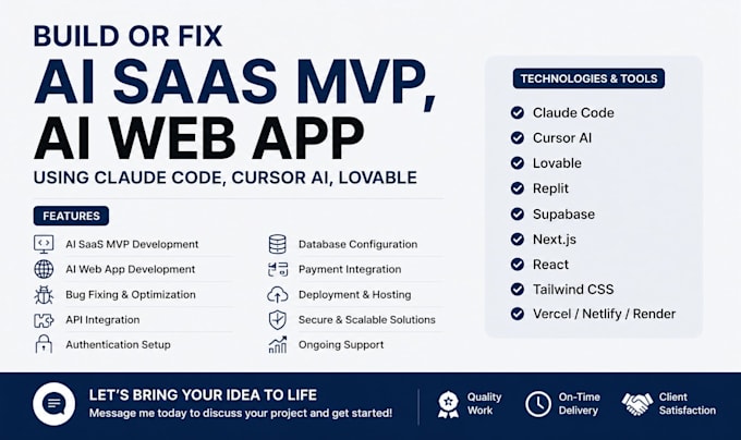 build or fix ai saas mvp, ai web app using claude code, cursor ai, lovable