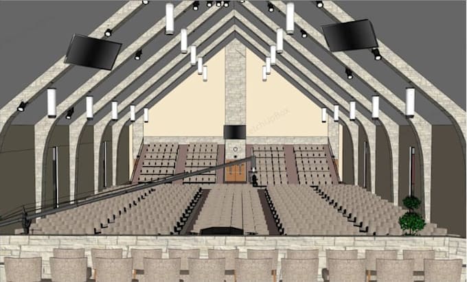 create church interior design, exterior rendering, sketchup models, and autocad