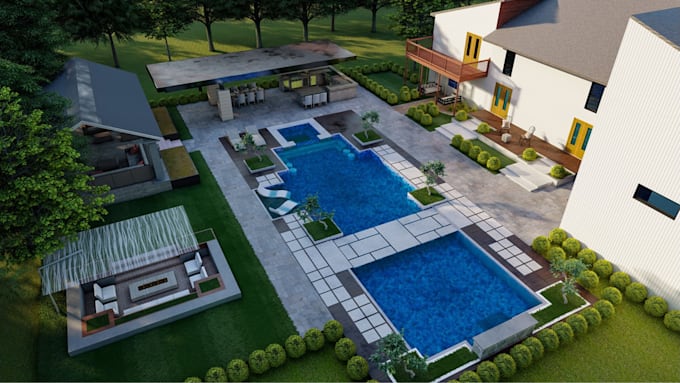 create 3d landscape design for rendering for backyard patio and pool area