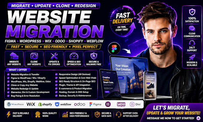 migrate update clone figma wordpress wix odoo shopify webflow framer website