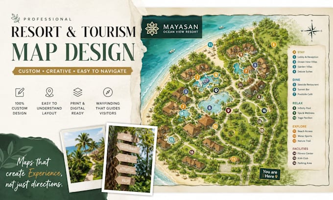 design resort map, hotel map, tourism map, visitor guide, wayfinding map design