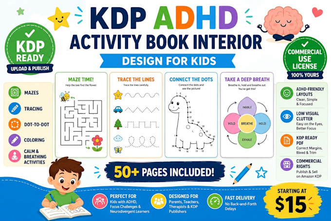 design a KDP activity book interior for kids with adhd focus exercises mazes
