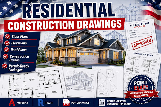 create a residential construction drawing package for USA permit