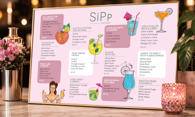 design a professional bar menu, cocktail menu and drinks menu