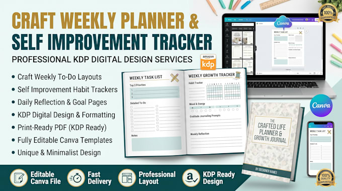 craft weekly to do planner, self improvement tracker, kdp digital planner design