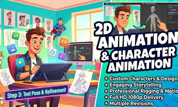 2d cartoon animation video and character animation, 2d animation for tech ads