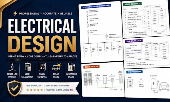 design solar pv electrical single line diagram, load calculation, panel schedule