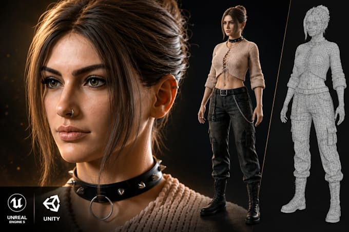 create realistic 3d game character for unreal engine 5, unity, blender